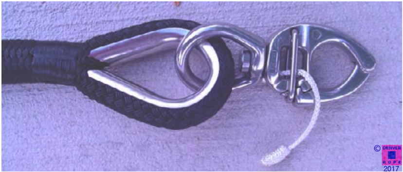 Stainless steel thimble splice with a premium quality quick release snap shackle. Pull on the clasp to open the torsion bail. If your line is subject to twisting, then we recommend the use of a hook that is on a bearing. Make connections to your boat’s bow eye using such a hook. Right - 1/2U+0027 & 5/8U+0027 lines with appropriately sized swivel eye hooks and anchor shackles.