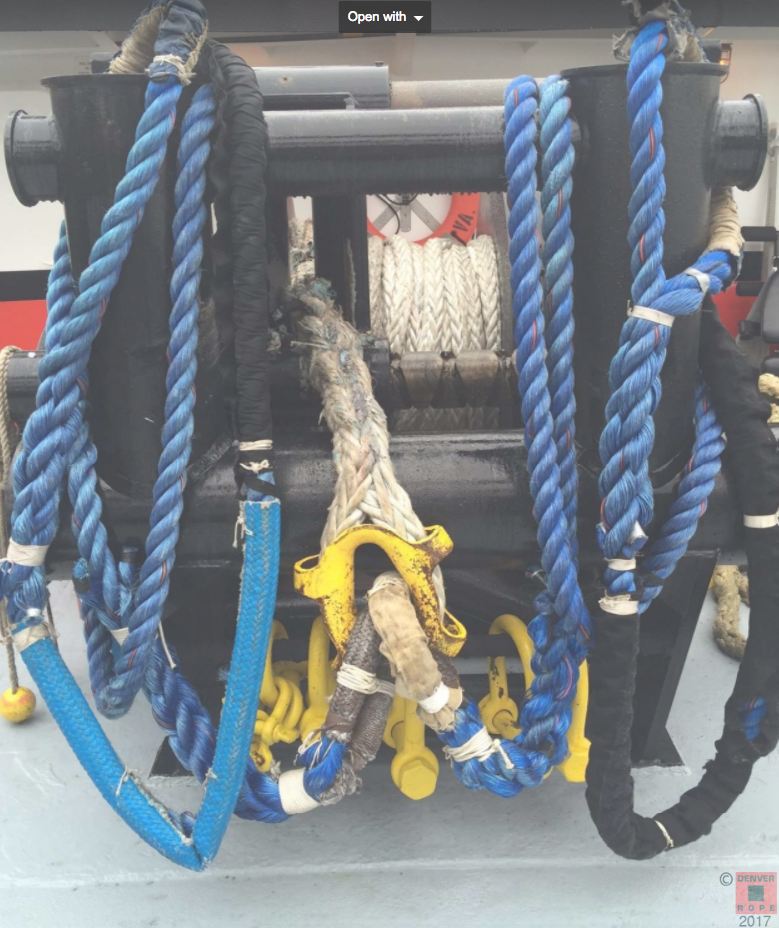 Pictured above is a Tug Boat Winch where the large diameter 8-strand rope is spliced to a Newco style hawser thimble. Two smaller diameter 3-strand polypropylene bow bridle legs are spliced directly to the Newco thimble.