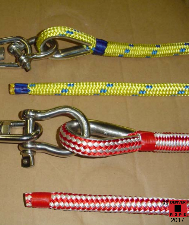 thimble splices, eye splices, bitter ends that have standard whipping twine utilized for double braid rope