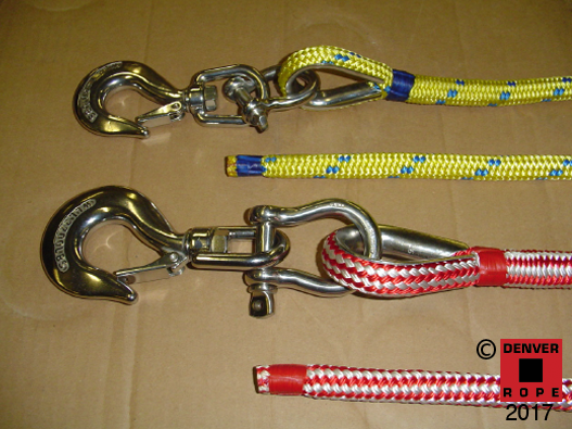 CUSTOM BOAT LINES Stainless Steel Swivel Eye Hooks connected to bow shackles which allow for flexibility of line usage.  Switch between Mooring Line, Mooring Pendant, Tow Line, and Anchor Line applications.  The hook can be spliced direct to the thimble for increased reliability. 